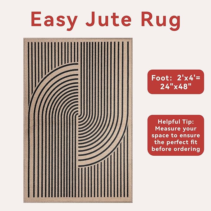 Tangsoo Rainbow Easy Jute Rug 2x4 Small Throw Rugs for Entryway,Washable Ultra Thin Outdoor Door Mat, Black Non-Slip Indoor Floor Carpet for Entrance Kitchen Hallway Bedroom Front Porch
