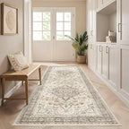 Runner Rug Kitchen Washable Rugs: 3x8 Non-Slip Boho Soft Vintage Stain Resistant Indoor Floor Neutral Farmhouse Throw Carpet for Hallway Bathroom Laundry Room Entryway Bedroom- Brown