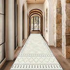 Beige White Runner Rug, 2x10ft Black Geometric Square Pattern Hallway Decor Rug - Modern Home Corridor & Foyer Accent Carpet, Non-Slip Mat Washable Rugs, Stylish Carpet for Hallway Spaces