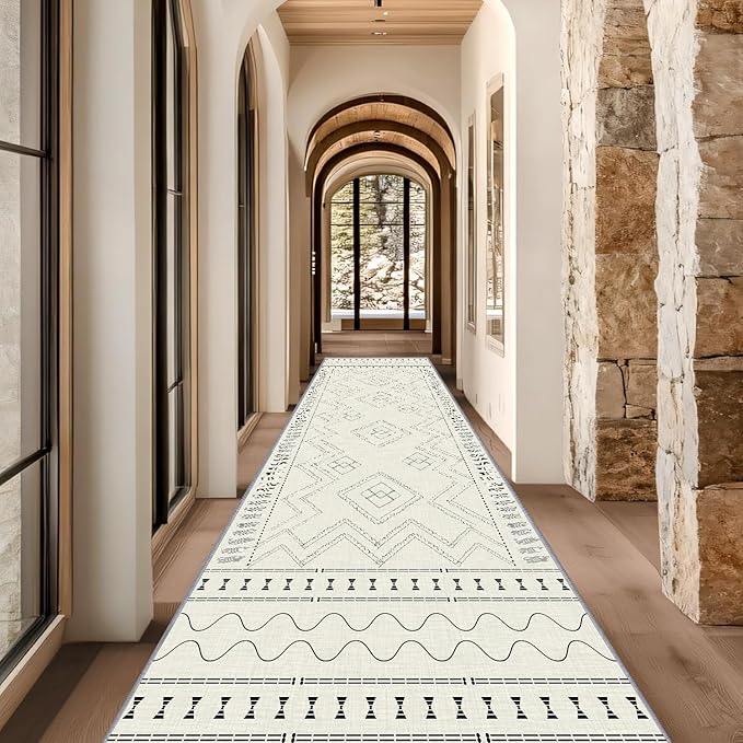Beige White Runner Rug, 4x10ft Black Geometric Square Pattern Hallway Decor Rug - Modern Home Corridor & Foyer Accent Carpet, Non-Slip Mat Washable Rugs, Stylish Carpet for Hallway Spaces