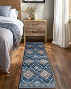 Area Rug 2x6 Rug Machine Washable Non-Slip Low Pile Print Pattern Western Rug for Living Room Bedroom Entryway Tribal Series -Darkblue
