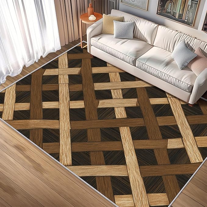 Checkered Rug, Washable 4x6 Rug for Living Room, Wood Grain Patterned Indoor Carpet, Checkered Geometric Decor for Home, Bedroom, Soft Non Slip Thin Design FER26