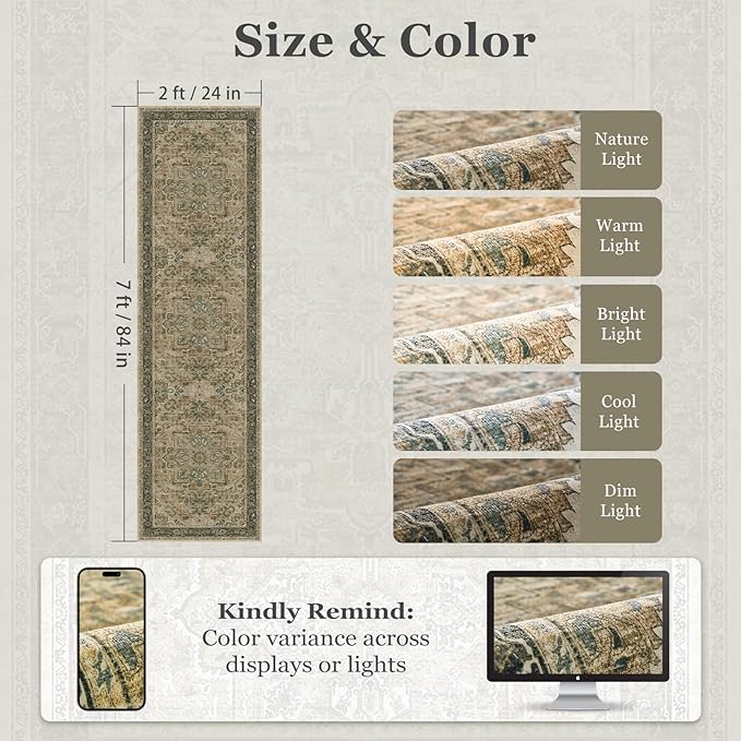 2x7 Hallway Runner Rug, Moody Vintage Medallion Entryway Rugs for Inside House Mudroom, Kitchen Runner Rugs Non Skid Washable, Carpet Runner for Bathroom Laundry Room Bedroom, Multi Brown/Olive