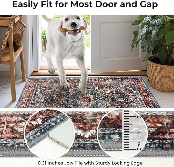 KOZYFLY Runners for Hallways 2x10 Ft Washable Kitchen Runner Rug Boho Runner Rug for Entryway Indoor Printed Faux Wool Carpet Runner for Bedroom Kitchen Hall, Brick Red/Orange/Green