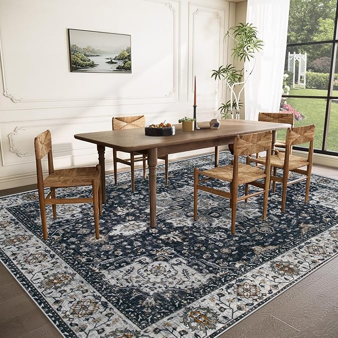 Area Rug 9x12 Washable Rug, Vintage Boho Medallion Rugs Non-Slip Soft Low Pile Large Distressed Rug Indoor Retro Carpet for Living Room Bedroom Dining Room Home Office (Vintage Black, 9'x12')
