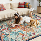 Lahome Bohemian Floral Medallion Area Rug - 5x7 Oriental Distressed Large Bedroom Rug, Soft Non-Slip Washable Dining Room Mat Indoor Throw Nursery Floor Carpet for Guest Room Entryway