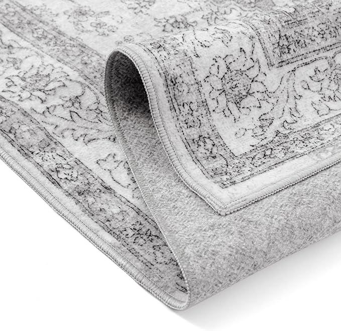 Gray Area Rug 4x5 Washable Vintage Carpet Entryway Office Soft Retro Kitchen Low Pile Thin Door Mat Non Slip Grey Oriental Medallion Throw Small Rug for Bathroom Bedroom Dining Living Room