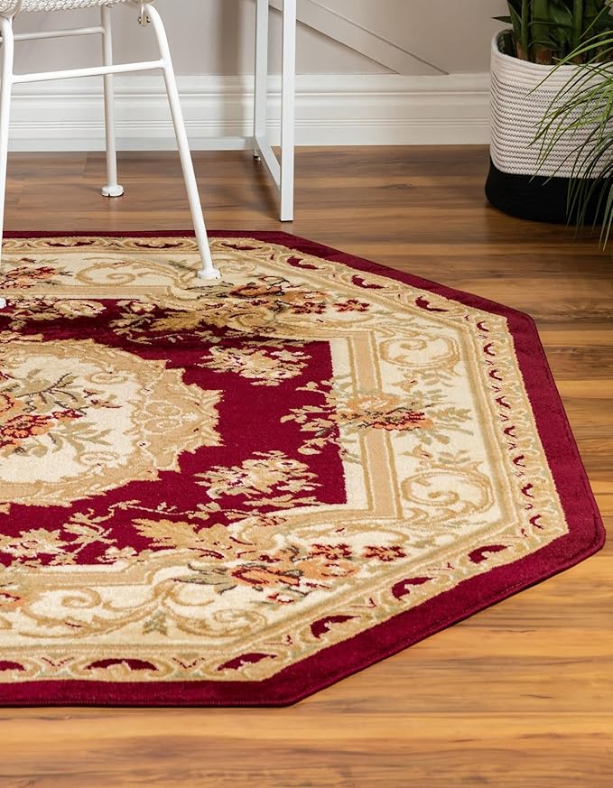 Unique Loom Versailles Collection Traditional Classic Floral Motif Area Rug (5' 0 x 5' 0 Octagon, Burgundy/Ivory)