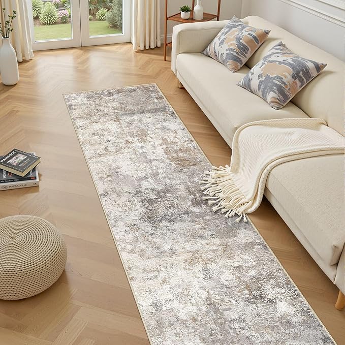2X10 Washable Runner Rug for Hallway: Soft Neutral Modern Abstract Area Rug - Non-Slip Low Pile Long Throw Indoor Carpet for Kitchen Entryway Kitchen Bedroom Laundry - Brown Grey