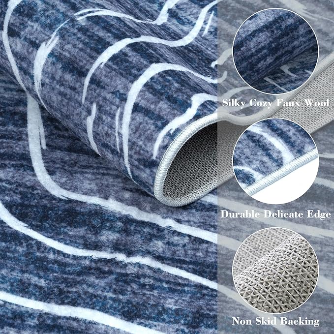 LIVEBOX Modern Abstract 5x7 Area Rugs for Living Room, Navy Blue Washable Rugs for Bedroom, Non-Slip Minimalist Neutral Wave Striped Rugs for Playroom Nursery Boys, Throw Rug Carpet for Dining Room