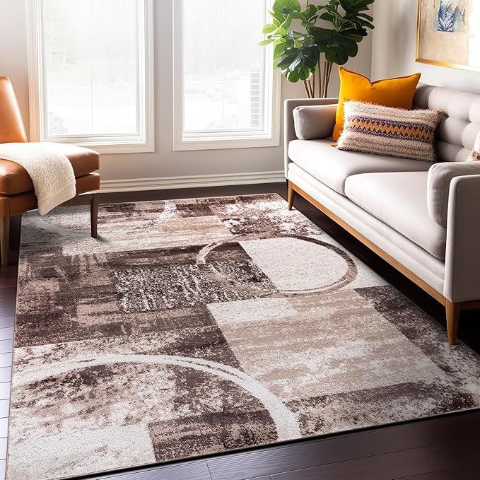 Rugshop Contemporary Abstract Circle Design Area Rug, Carpet with Jute Backing for Living Room, Dining Room, or Bedroom, Brown, 7'10" x 10'2"