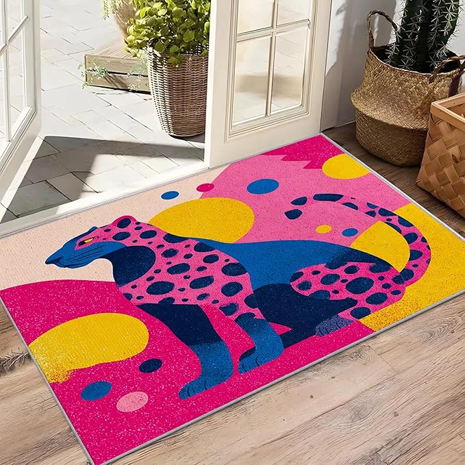 Leopard Large Area Rug - 7x10 Rug - Colorful Abstract Geometric Animal Pop Art Rugs for Living Room Non Slip Low Pile Machine Washable Area Rugs, Leopard Carpets Home Decor & Gifts