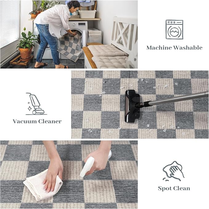 Machine Washable 5x7 Area Rugs for Living Room Checkered, Non Slip Soft Low Pile Geometric Modern Neutral Playroom Rugs for Bedroom Indoor, Large Carpet Rugs for Dining Room Kitchen(Grey, 5'x7')