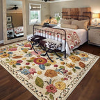 8x10 Machine Washable Area Rug for Living Room, Beige Vintage Boho Floral Rug Large Non-Slip Low Pile Soft Faux Wool Carpet, Kids and Pets Friendly for Bedroom Dining Room Farmhouse Home Decor Rug
