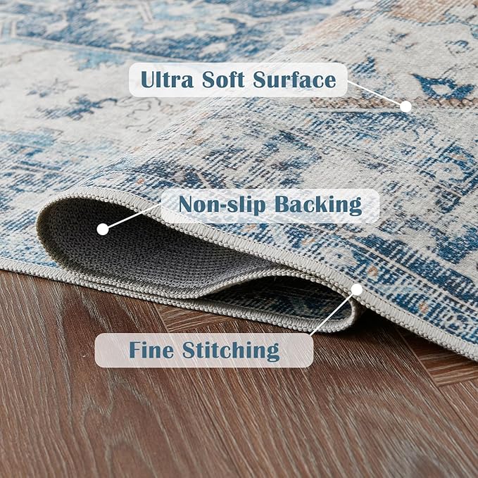 jinchan Kelda Runner Rug 2x5 Hallway Rug Kitchen Washable Runner Vintage Mat Retro Print Lightweight Non-Slip Accent Floor Cover Distressed Thin Carpet for Entryway Bathroom Bedroom Laundry Room Blue
