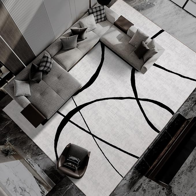 YIHOUSE Curve 9x12ft Modern Washable Area Rug for Living Room Bedroom - Large Abstract Black and White Rug Non-Slip Ultra-Thin Home Decor