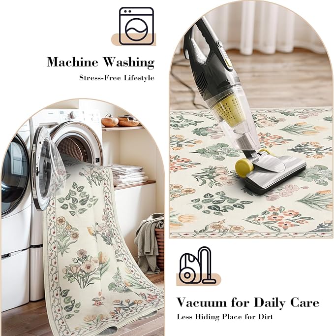 Wonnitar 5x7 Rug for Bedroom Decor, Washable Nursery Rug for Baby, Neutral Ultra-Thin Non Slip Floral Print Carpet for Kids Room Farmhouse Living Room Office, Cream Beige