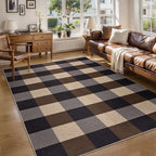 Tangsoo Checkered 4x6 Washable Easy Jute Area Rug for Patio,Non-Slip Black Brown Indoor Outdoor Rug,Modern Throw Mat Ultra Thin Carpet for Front Porch Kitchen Bedroom Foyer