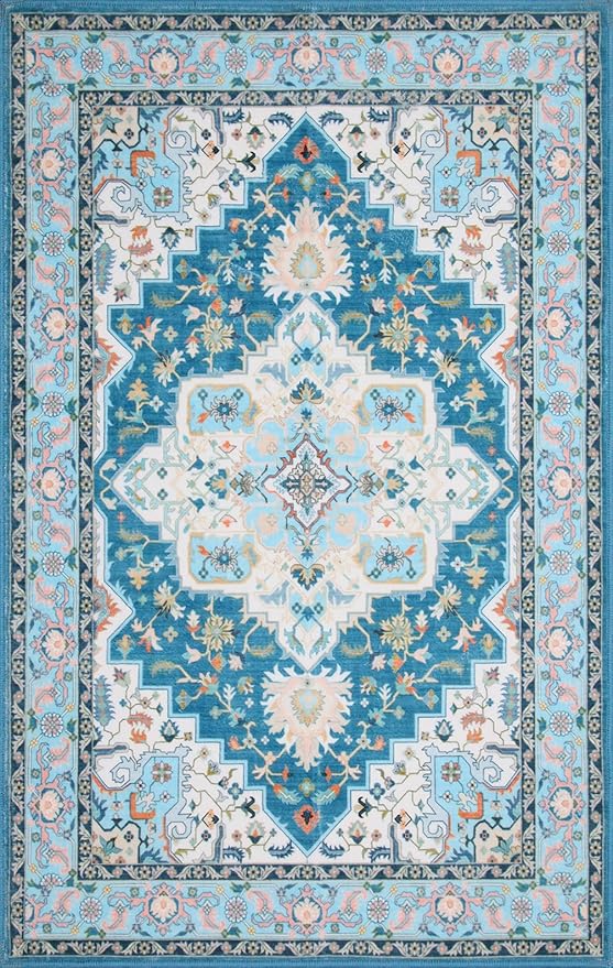 WILLSUN Washable Area Rugs, 9x12 Non-Slip Boho Large Area Rugs for Living Room, Bedroom, Machine Washable Vintage Rug, Indoor Floral Print Carpet for Home Decor, Kid & Pet Friendly Mat