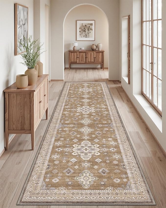 DEXI Hallway Runner Rug 3x8, Distressed Non Slip Runners Carpet, Boho Vintage Soft Thin Indoor Rug, Stain Resistant Washable Entry Mat for Entryway Kitchen Laundry Room Living Room, Light Brown