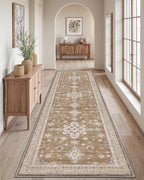 DEXI Hallway Runner Rug 3x8, Distressed Non Slip Runners Carpet, Boho Vintage Soft Thin Indoor Rug, Stain Resistant Washable Entry Mat for Entryway Kitchen Laundry Room Living Room, Light Brown