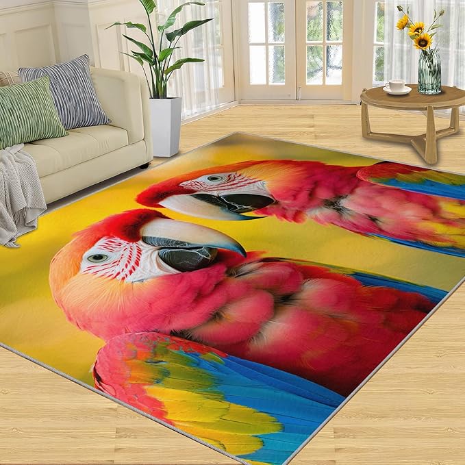 Parrot Rugs for Bedroom - 4x5 Area Rug - Cute Parrot Rugs for Living Room, Colorful 3D Animal Rug, Non-Slip Washable Home Decor Carpet