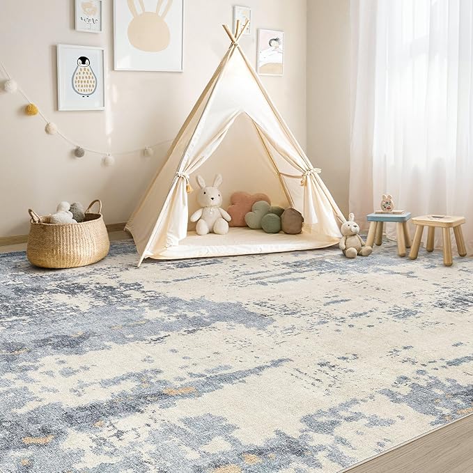 5x7 Area Rug Living Room Rugs - Washable Neutral Modern Abstract Soft Thin Rug Indoor Floor No Slip Rug Carpet for Bedroom Under Dining Table Home Office Decor - Blue/Light Brown
