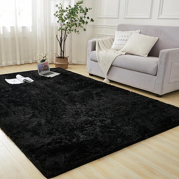 Andency 8x10 Area Rugs for Living Room, Black Non-Slip Fluffy Soft Large Shag Bedroom Carpet, Big Indoor Thick Nursery Rug for Kids Dorm Home Decor Aesthetic