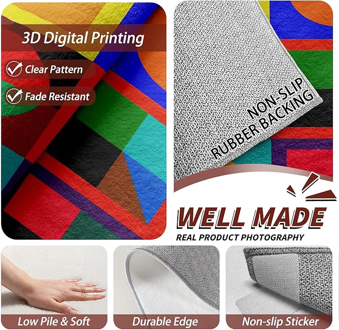 Geometric Rug 3x5 - Colorful Abstract Modern Funky Rugs for Bedroom Non Slip Low Pile Machine Washable Area Rugs for Living Room Kitchen, Geometric Carpet House Decor & Gifts