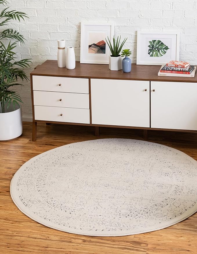 Unique Loom Isabella Collection Area Rug - Adjani (3' 3" Round, White/ Blue)