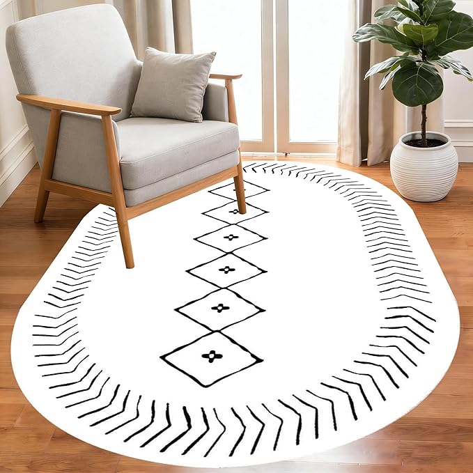 Simple Black and White Geometric Texture Bordered Area Rug 12x15 for Living Room Bedroom Dining Room Soft Washable Anti Slip Floor Mats Doormat Modern Minimalist Large Carpet Cozy Indoor Oval Rugs