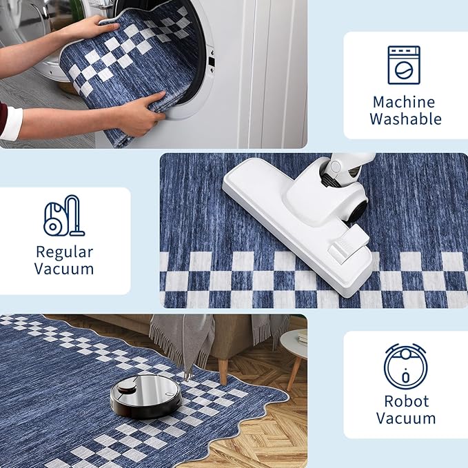 GarveeHome 10x13 Area Rug Large Living Room Scalloped Rug Non Slip Low Pile Bedroom Throw Carpet Soft Modern Bordered Dining Room Rug Stain Resistant Boho Carpet for Home Office, Blue