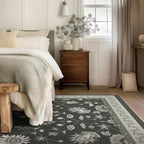 EVERGRACE Area Rugs for Living Room 8x10, Boho Floral Faux Wool Indoor Outdoor Rugs, Washable Rugs for Bedroom Dining Room Entryway Kitchen, Low Pile Floor Mat Carpet for Home Decor, Ebony Black