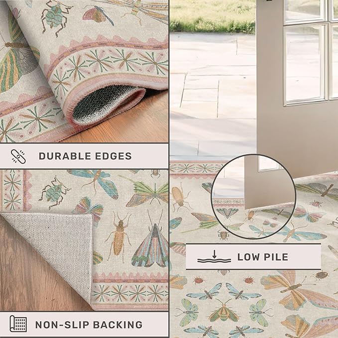 Floral Pink Rugs for Bedroom Girls 6x9 - Insect Print Cute Girly Rug for Living Room, Dining Room Under Kitchen Table, Washable Low Pile Vintage Bug Art Nouveau Home Decor