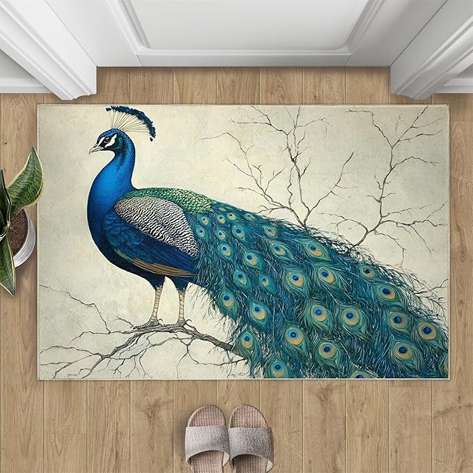 Peacock Area Rug 3x4-3x4 Rug, Peafowl Rugs for Living Room, Teal Turquoise Carpet, Modern Style Washable Area Rugs for Bedroom, Peacock Feather Carpet - Peafowl Home Decor & Gifts