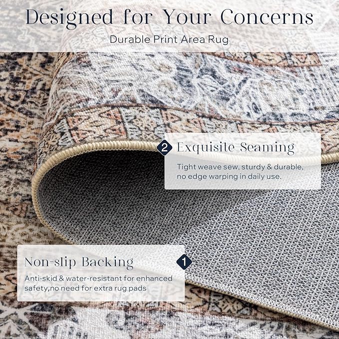 Phantoscope Washable Area Rug 5'x7' Non-Slip, Vintage Neutral Rugs for Living Room, Bedroom, Dining Room, Distressed Boho Floral Medallion Pattern, Low-Pile Foldable Floor Carpet, Light Brown