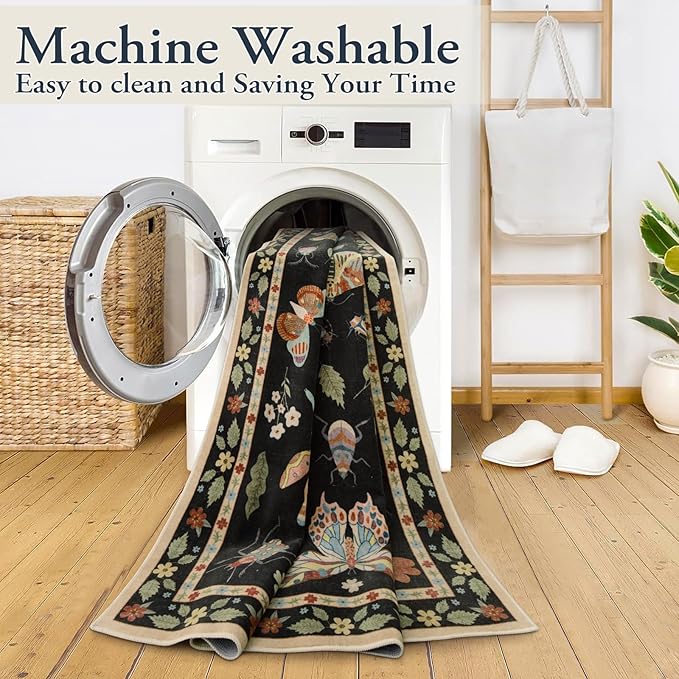 Lahome Insect 9x12 Area Rugs for Living Room Bedroom, Soft Washable Rugs 9x12 Stain Resistant, Ultra-Thin Non-Slip Non-Shedding Accent Carpet for Dining Room Office, Black