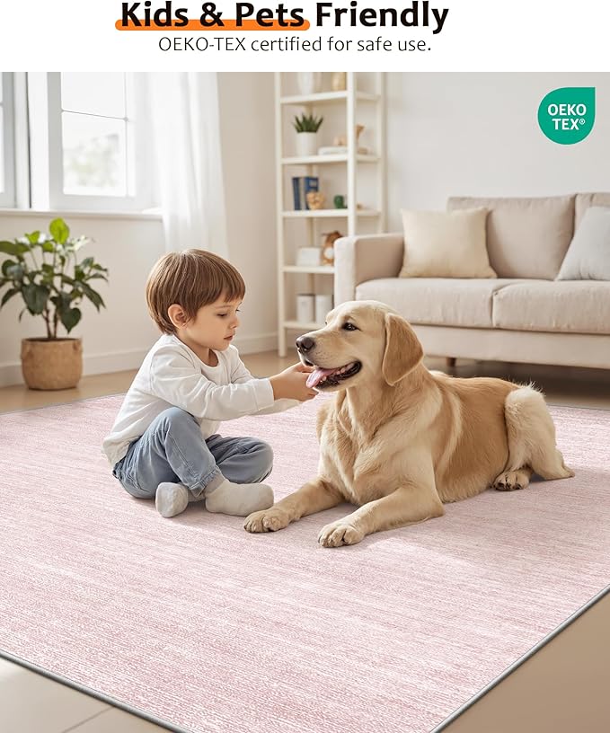 Art&Tuft Washable Rugs 9x12, Low Pile Area Rugs 9x12 Living Room - Non Slip and Stain Resistant Soft Thin Rug for Bedroom, Dining Room, Kitchen, Office, Lightpink