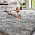 5x7 Area Rugs for Living Room Bedroom, Soft Fluffy Shaggy Bedside Rug, Indoor Floor Carpet for Kids Playroom, Dorms, Nursery Rooms, Home Decor (Tie-Dyed Light Grey 5'x7')