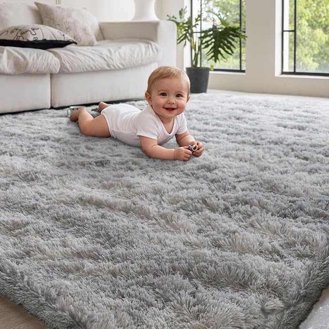 4x6 Area Rugs for Living Room Bedroom, Soft Fluffy Shaggy Bedside Rug, Indoor Floor Carpet for Kids Playroom, Dorms, Nursery Rooms, Home Decor (Tie-Dyed Light Grey 4'x6')
