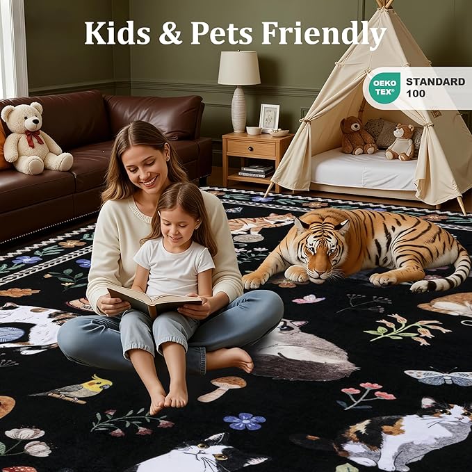 8x10 Area Rugs Living Room Rug: Vintage Washable Rug Floral Soft Carpet Indoor Floor Non-Slip Boho Stain Resistant Large Carpets for Bedroom Kids Nursery Dining Room Farmhouse Home Office Black/C01