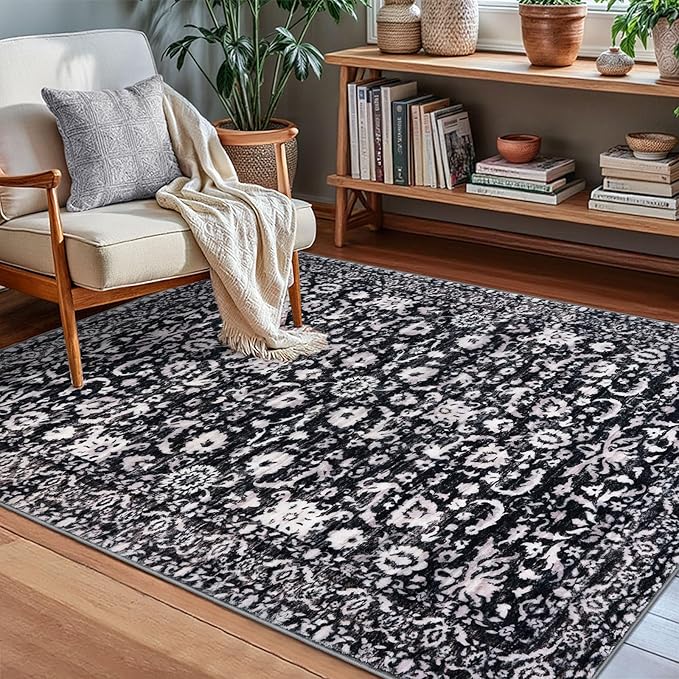 Vintage Floral 3x5 Rug, Black and White Entryway Rug Small Area Rug Washable Non-Slip Throw Rug, Thin Printed Faux Wool Low-Pile Kitchen Rugs Super Soft Capet for Entrance Bedroom Office