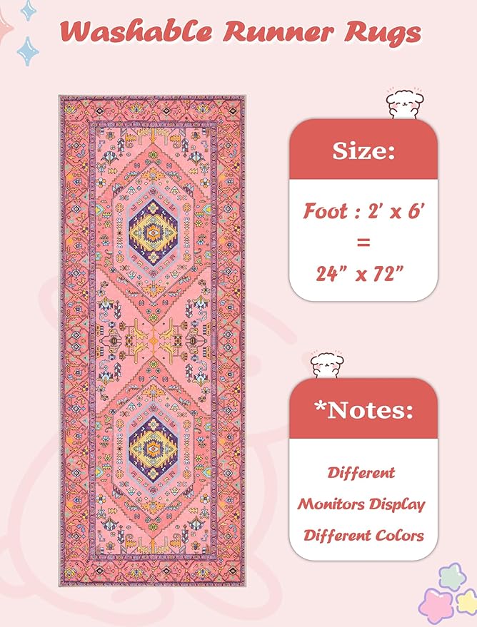 SERISSA Washable Kitchen Runner Rug, 2x6 Non-Slip Fuchsia Pink Runner Rugs for Hallway, Ultra Soft Cute Boho Aesthetic Low-Pile Floor Carpet for Bedroom Bathroom Laundry Living Room
