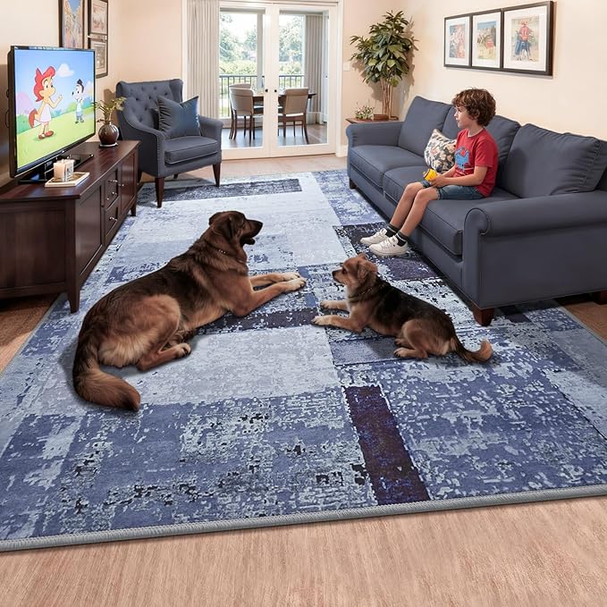 LOCHAS Rug for Living Room 6x9, Washable Soft Area Rugs for Bedroom, Abstract Carpet for Indoor Office Kids Dining Room Nursery Floor, Blue Geometric Vintage Home Decor, Non Slip, Pet Child Friendly