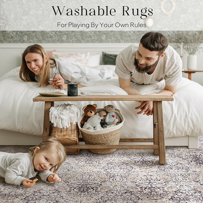 Phantoscope Washable Area Rug 9'x12' Non-Slip, Vintage Neutral Rugs for Living Room, Bedroom, Dining Room, Distressed Boho Floral Medallion Pattern, Low-Pile Foldable Floor Carpet, Light Brown