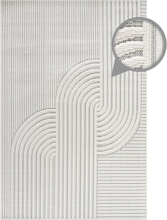 CAMILSON Modern Rug 9x12 Luxury Swirl Curved Large Micro Loop Area Rugs Soft High-Low Pile Stain Resistant Easy to Clean Non-Shedding Durable Living Room Kitchen Indoor Carpet (White)