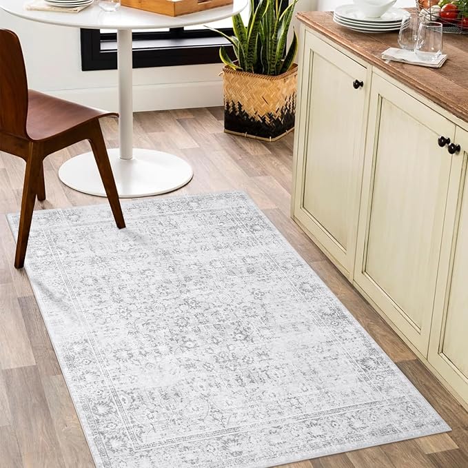 LIVEBOX Washable Rug 3x5 Bohemian Area Rug for Kitchen Bedroom, Non-Slip Gray Front Door Mat for Entryway, Antique Collection Area Rugs for Living Room Laundry Foyer Camper RV