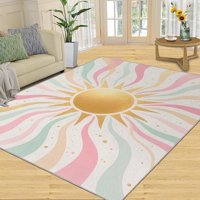 Boho Sun Area Rugs 6x9ft, Minimalist Sunburst Fluffie Rugs for Living Room, Abstraction Deco Nursery Rug with Under Rug Non Slip Tape for Bedroom Kids Room