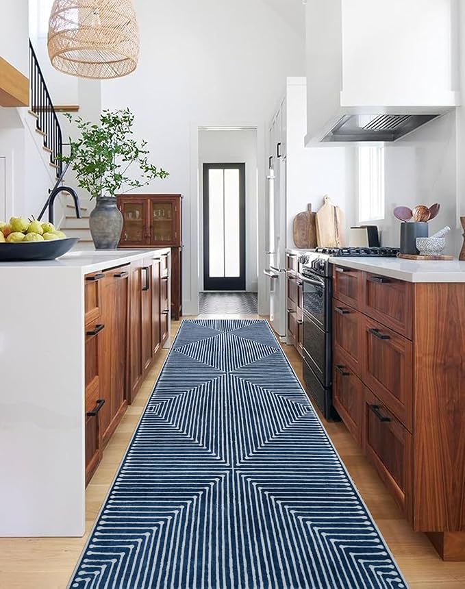 GLN Rugs Contemporary Collection - Machine Washable Area Rug, Contemporary Washable, Non Slip, Low Pile Chenille Rug, Living Room, Bedroom, Kitchen Rug (2'6" x 10' Lines Blue)