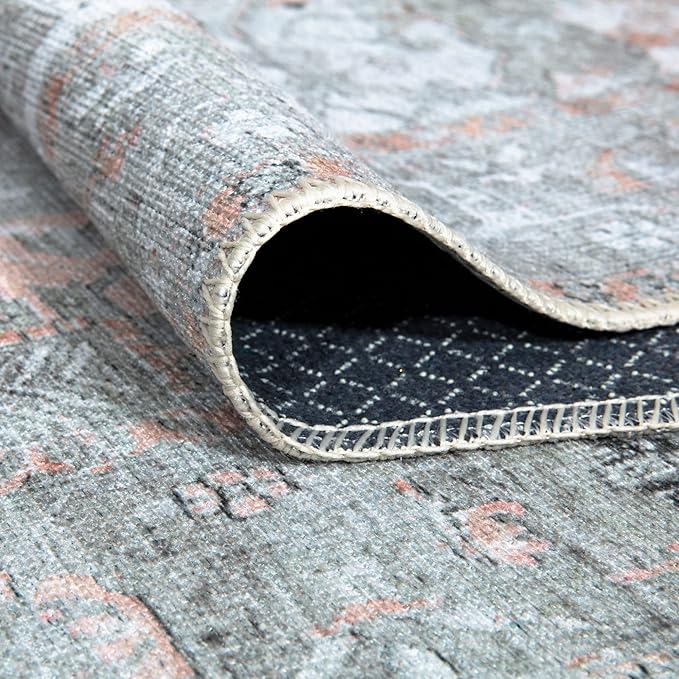 Bloom Rugs Washable Non-Slip 4' x 6' Rug - Gray/Coral Pink Traditional Area Rug for Living Room, Bedroom, Dining Room, and Kitchen - Exact Size: 4' x 6'